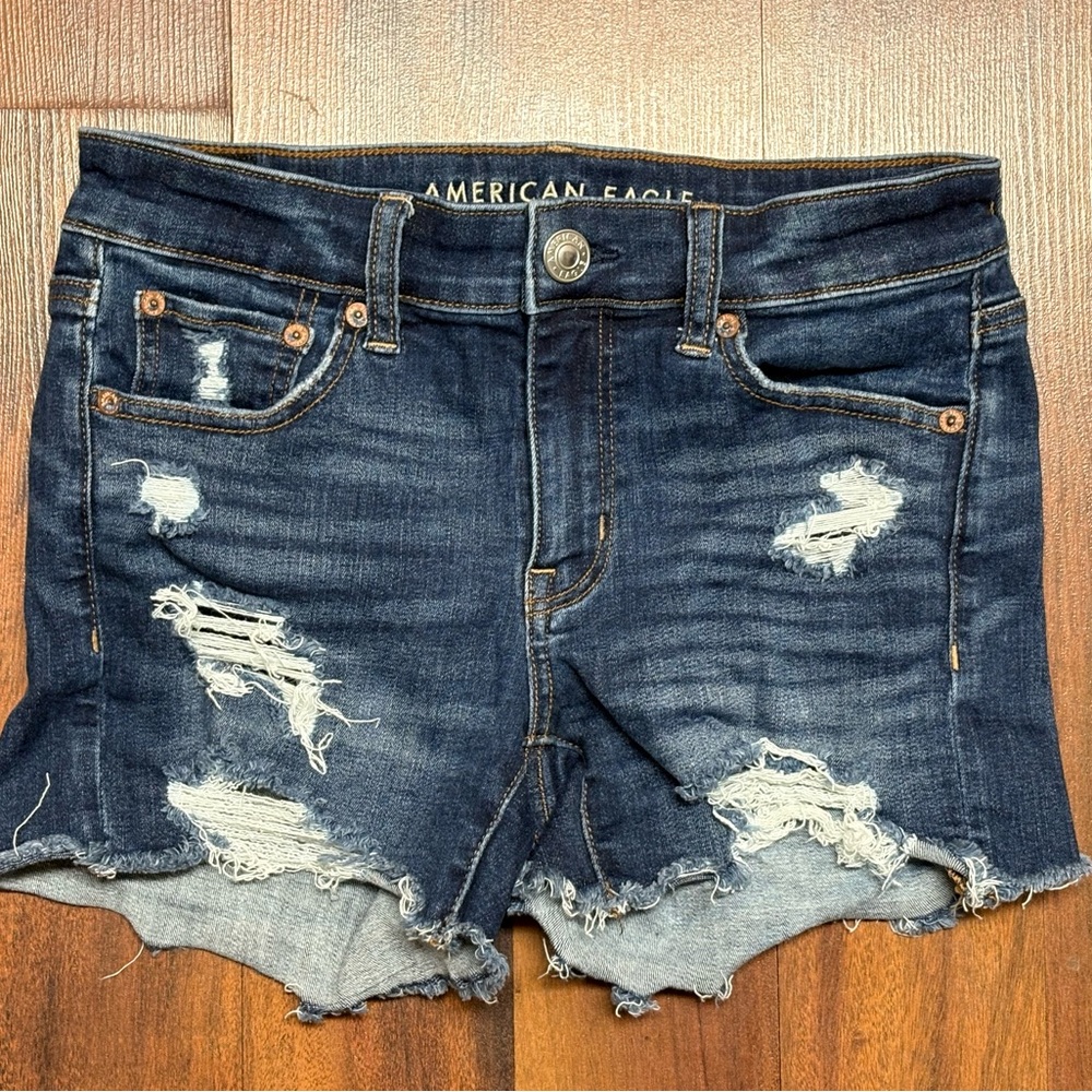 American Eagle Outfitters Women's Ripped Jean Shorts - Dark Blue
